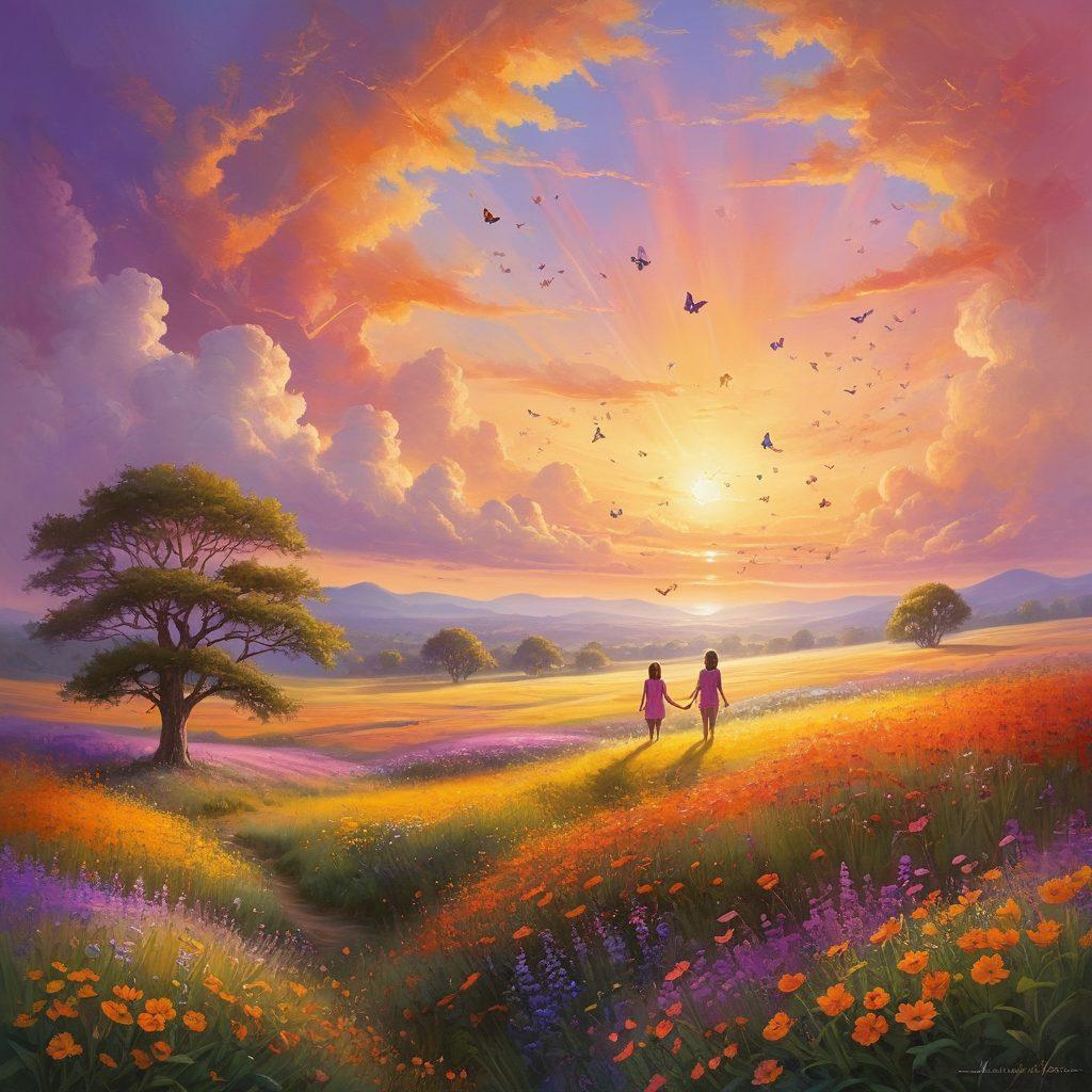 A serene landscape featuring a radiant sunrise illuminating a tranquil meadow filled with vibrant wildflowers. In the foreground, a diverse group of joyful people engaging in various acts of kindness, like helping one another and sharing smiles. The sky is painted in warm, uplifting colors, symbolizing positivity and elation. Incorporate subtle butterflies fluttering around, representing transformation and joy. magical realism. vibrant colors. dreamy and uplifting.