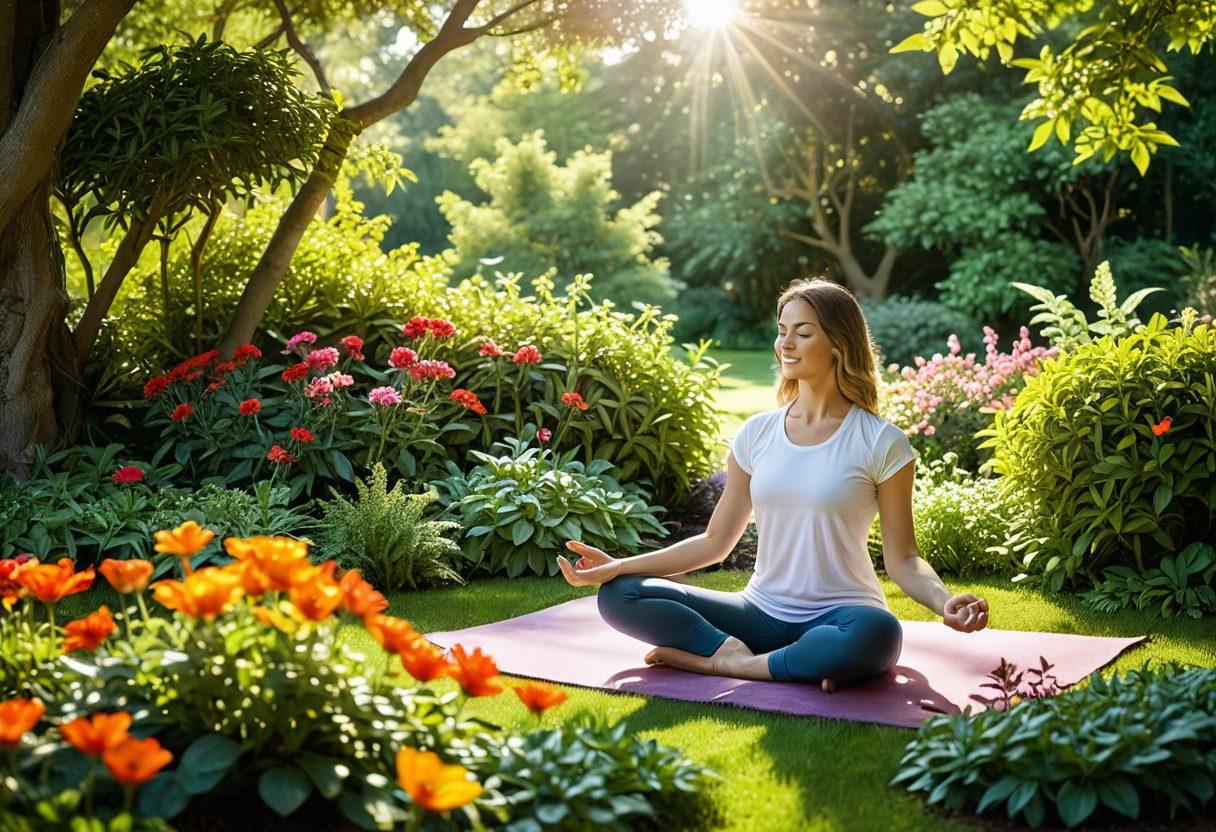 A serene garden filled with colorful flowers, butterflies fluttering around, and a joyful person practicing yoga, radiating positivity. Sunlight filters through the trees, creating a warm glow. In the background, a small coffee table with a vibrant cup of herbal tea, symbolizing joyful moments and self-care. super-realistic. vibrant colors. 3D.