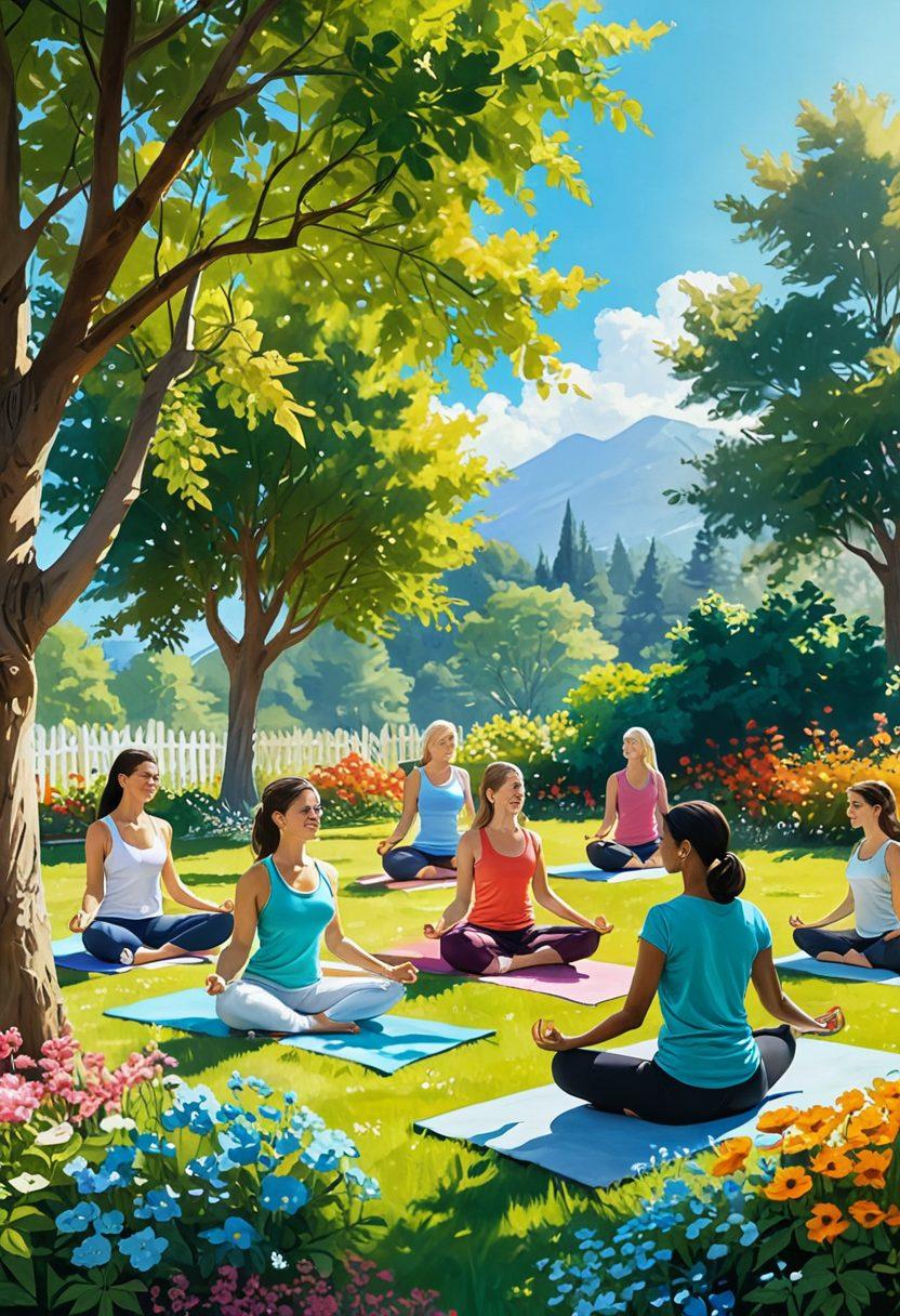 A bright, serene landscape depicting a diverse group of people joyfully engaging in various uplifting activities, such as gardening, painting, and doing yoga under a clear blue sky. Vibrant flowers bloom around them, symbolizing happiness and growth. Soft sunlight filters through lush green trees, creating a warm and inviting atmosphere. This scene is filled with cheerful expressions and a sense of community. colorful illustration. vibrant colors. soft focus.